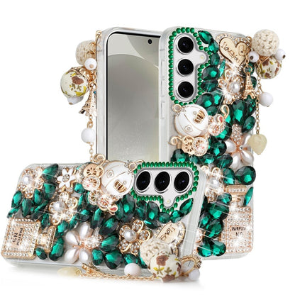 For Samsung Galaxy S25 /S24 Bling Crystal 3D Full Diamonds Luxury Sparkle Rhinestone Hybrid Case Cover Ultimate Multi Ornament Green