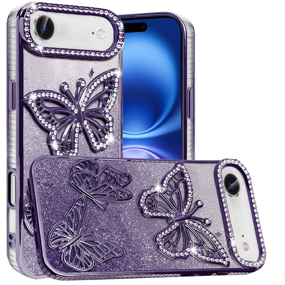 For Apple iPhone 17 Air (6.6") Luxury Butterfly Sparkle Glitter Diamond Crystal Rhinestone Shimmer Bling Plating Thick TPU Hard PC Case Cover