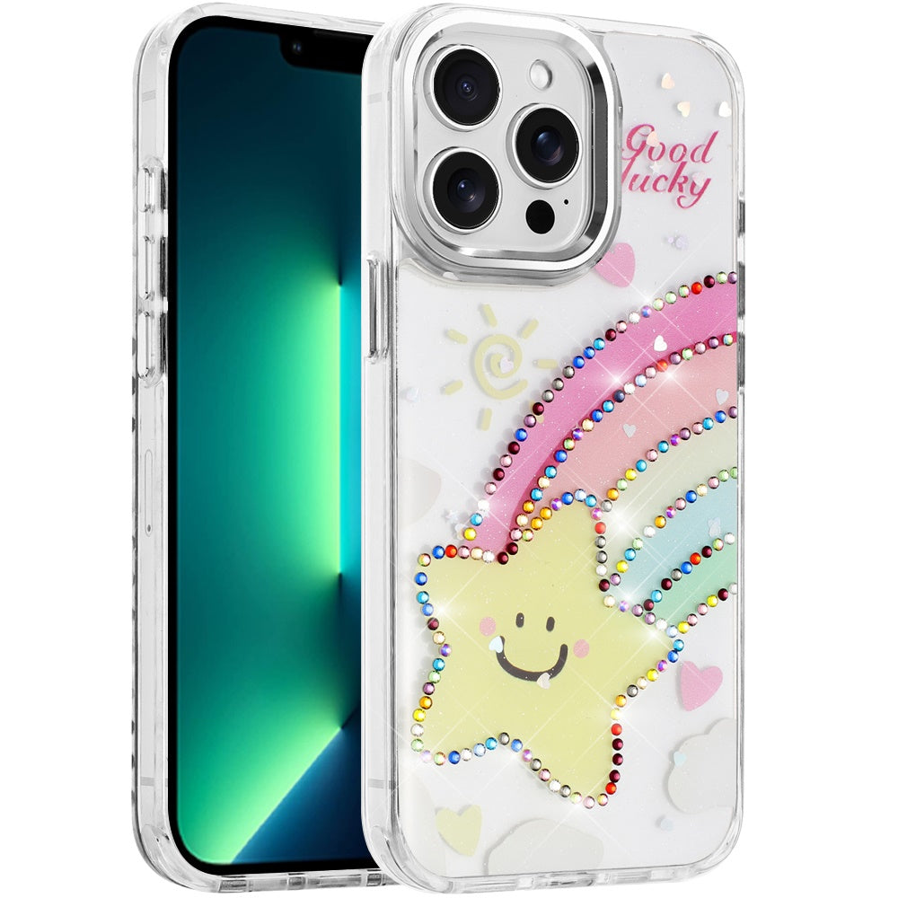 For Apple iPhone 13 Pro Max Butterfly Resin Epoxy Diamond Design Metal Edged Hybrid Shockproof Heavy Duty Drop Protection Case Cover