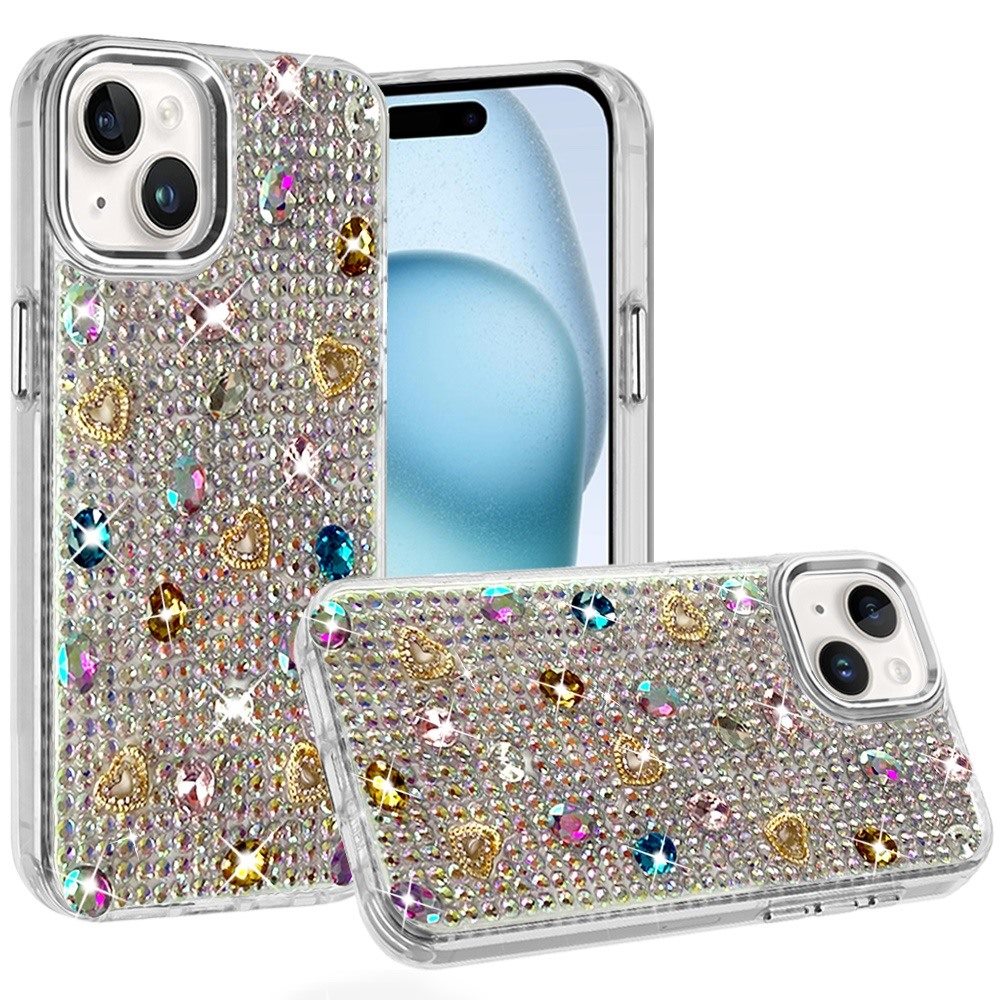 Phone Case for Apple iPhone 15 Plus Chrome Fashion Hybrid Bling Diamond Heart Rhinestone Decorative Stones Sparkling Embellished Design Cover