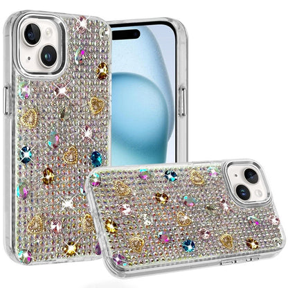 Phone Case for Apple iPhone 15 Plus Chrome Fashion Hybrid Bling Diamond Heart Rhinestone Decorative Stones Sparkling Embellished Design Cover