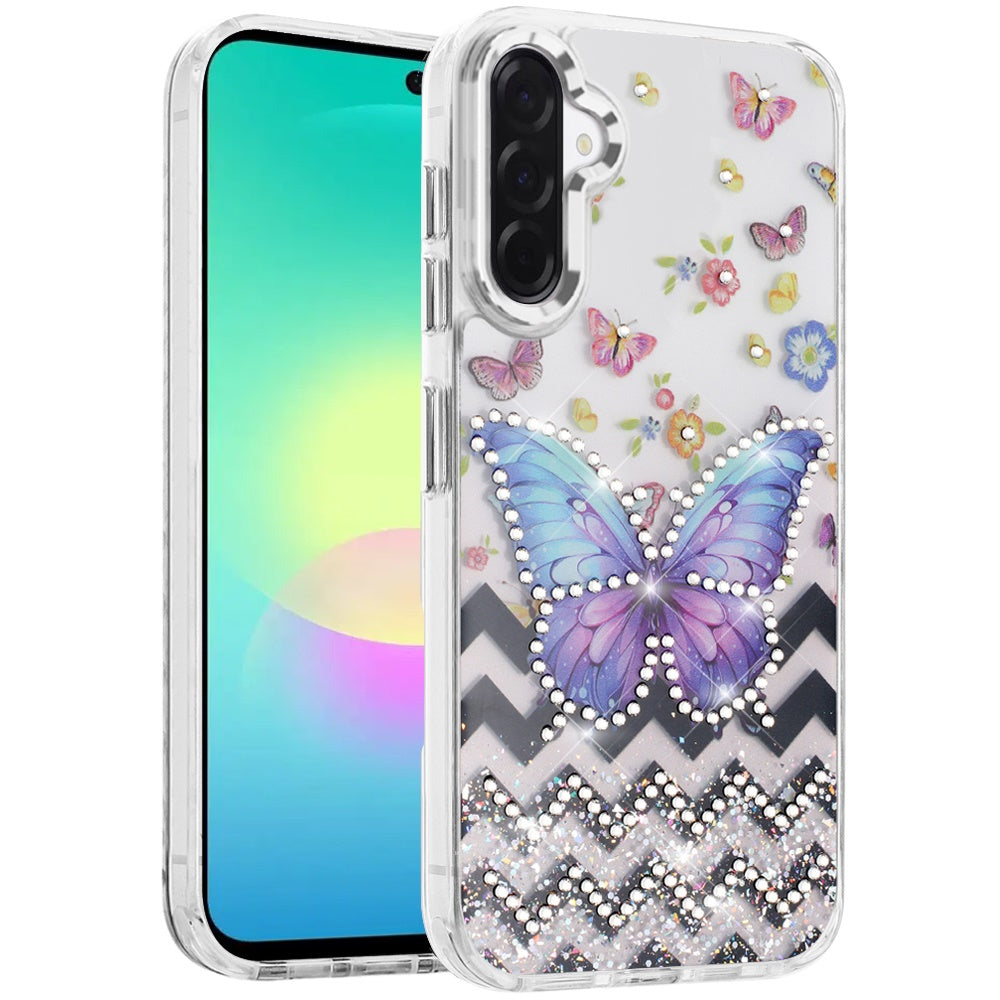 Phone Case for Samsung Galaxy A27 Butterfly Resin Epoxy Diamond Bling Metal Edge Shockproof Hybrid Luxury Protective Durable Stylish Fashion Grip Cover