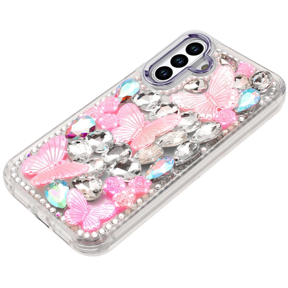 For Samsung Galaxy S26 Ultra 3D Diamond Floral Butterfly Bling Stone Hybrid, Sparkly Rhinestone Gemstone Back Shockproof Case Cover