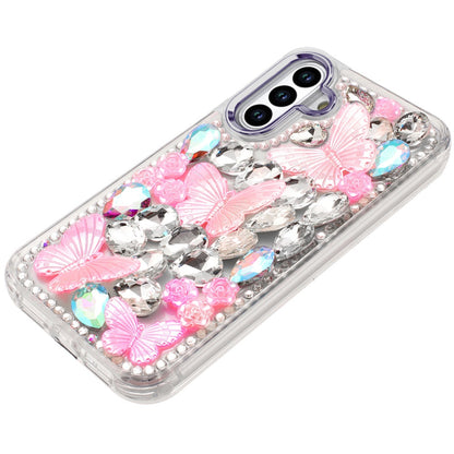 For Samsung Galaxy S26 Ultra 3D Diamond Floral Butterfly Bling Stone Hybrid, Sparkly Rhinestone Gemstone Back Shockproof Case Cover