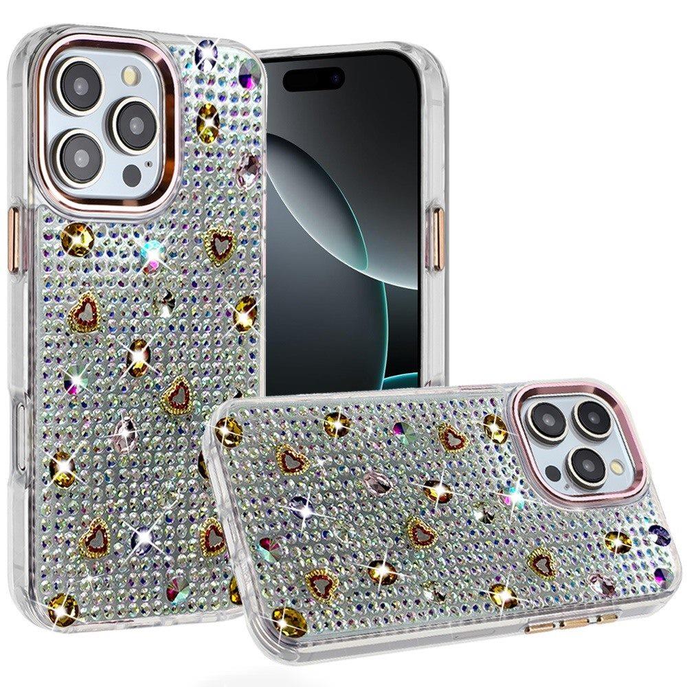 Phone Case for iPhone 16 Pro Max Chrome Fashion Hybrid Bling Diamond Heart Rhinestone Decorative Stones Sparkling Embellished Design Cover