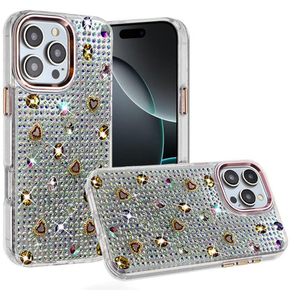Phone Case for iPhone 16 Pro Max Chrome Fashion Hybrid Bling Diamond Heart Rhinestone Decorative Stones Sparkling Embellished Design Cover