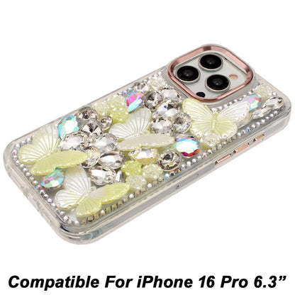 Phone Case for Apple iPhone 16 Pro Luxury 3D Floral Butterfly Bling Rhinestone Glitter Shockproof Stylish Protective Hybrid Designer Metallic Cover