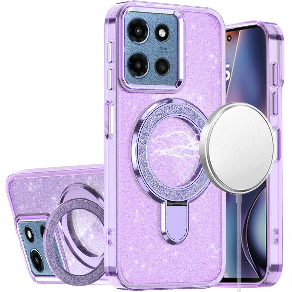 For Motorola Moto G 5G 2025 Transparent Glitter Bling Case with Rotating Magnetic Ring Stand, Shockproof Hybrid Case Cover