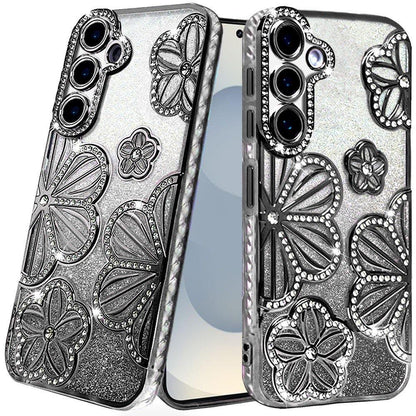 For Samsung Galaxy S26+ / S26 Plus Luxury Flower Design Sparkle Glitter Diamond Rhinestone Shimmer Bling Plating Thick TPU Hard PC Case Cover