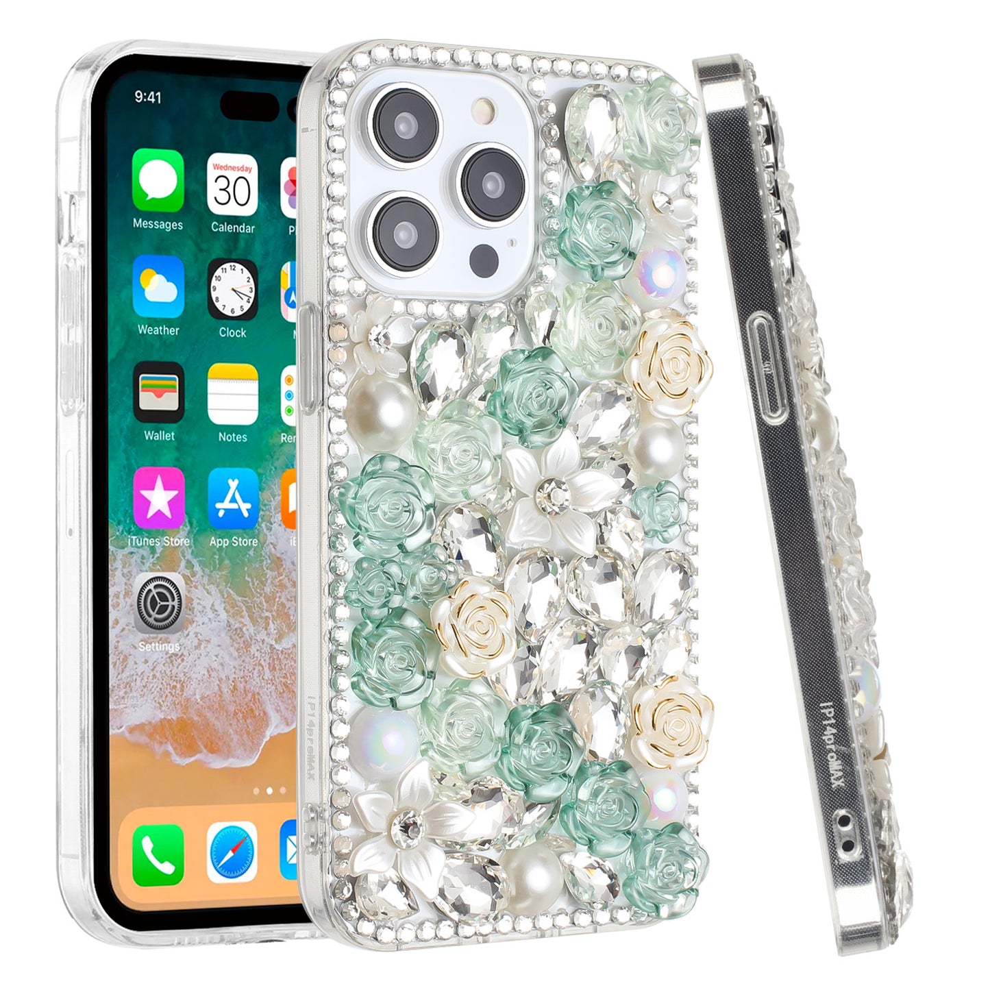 For Apple iPhone 15 Pro Max Fashion Rose Flower Floral Bling Crystal 3D Full Diamonds Pearl Sparkle Rhinestone Glitter Hybrid Case Cover