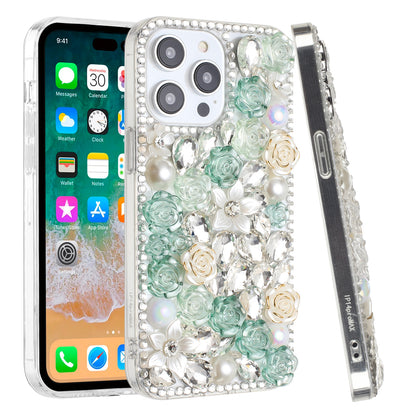For Apple iPhone 15 Pro Max Fashion Rose Flower Floral Bling Crystal 3D Full Diamonds Pearl Sparkle Rhinestone Glitter Hybrid Case Cover