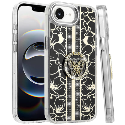 For Apple iPhone 17E /16E Diamonds 3D Butterfly Floral Design Bling Sparkly Glitter Hybrid Metal Fashion with Ring Stand Case Cover