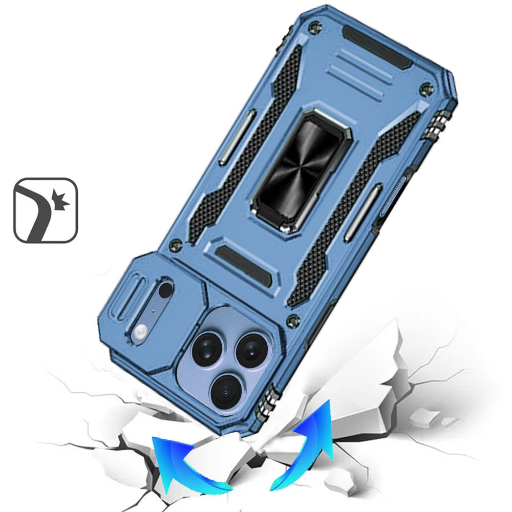 Phone Case for Apple iPhone 18 Pro Max Tough Metal Ring Shockproof Sliding Camera Window Hybrid Armor Rugged Anti Slip Heavy Duty Grip Cover Blue