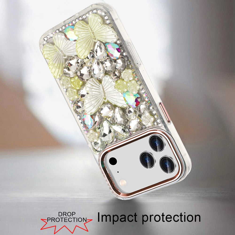 For Apple iPhone 17 Pro (6.3") 3D Diamond Floral Butterfly Bling Stone Hybrid, Sparkly Rhinestone Gemstone Back Shockproof Case Cover Rose Gold