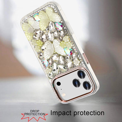 For Apple iPhone 17 Pro (6.3") 3D Diamond Floral Butterfly Bling Stone Hybrid, Sparkly Rhinestone Gemstone Back Shockproof Case Cover Rose Gold