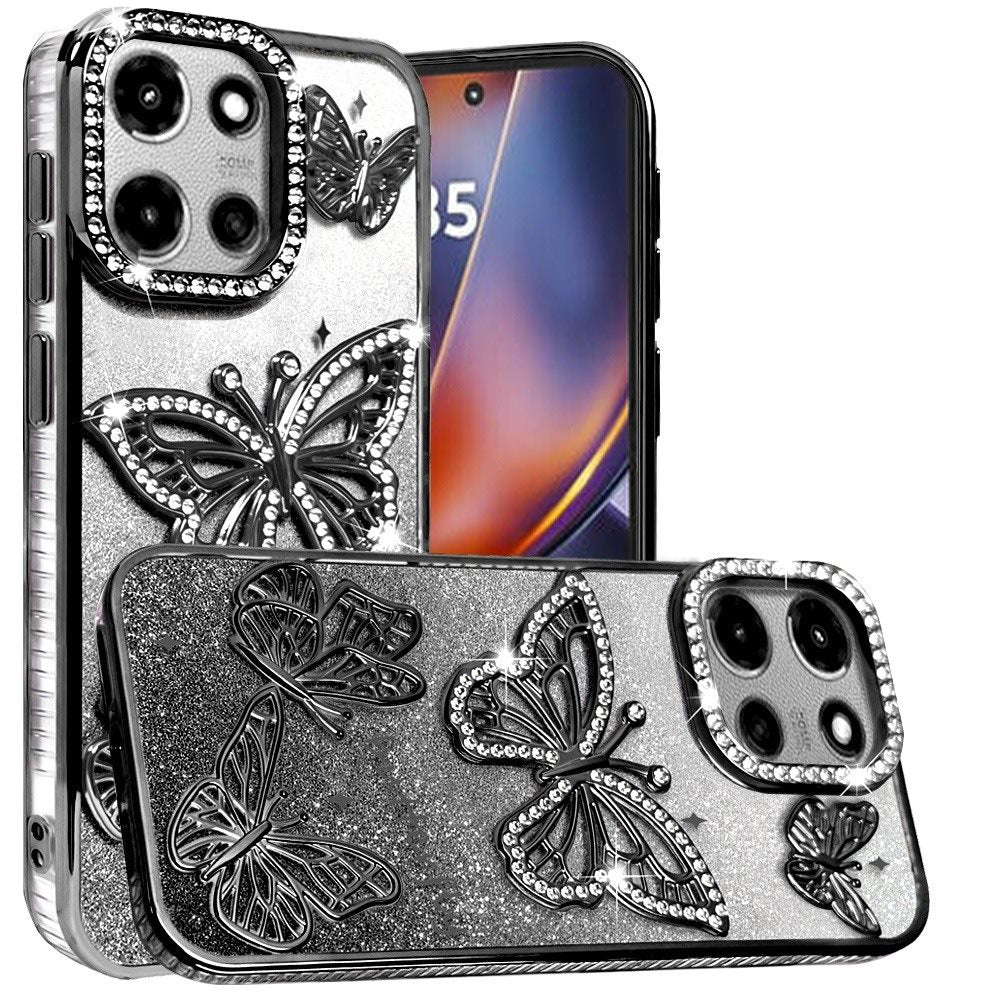 For Motorola Moto G Power 5G (2025) Luxury Butterfly Sparkle Glitter Diamond Crystal Rhinestone Shimmer Bling Plating Thick TPU Hard PC Case Cover