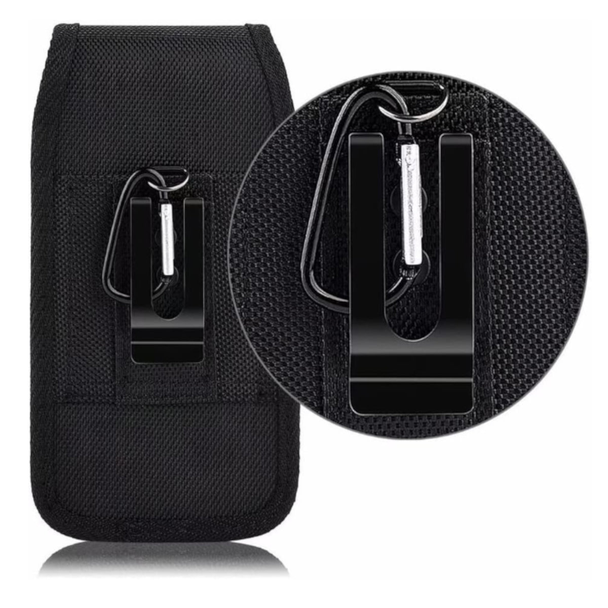 For Apple iPhone 16 Plus (6.7") Vertical Nylon Canvas Holster Universal Cell Phone Pouch Velcro Closure with Credit Card Slot & Belt Clip Loop Carabiner [Black]