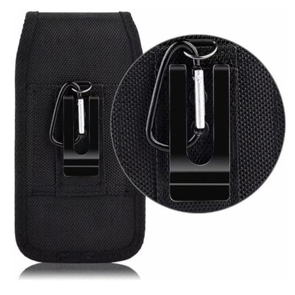 For Apple iPhone 16 Plus (6.7") Vertical Nylon Canvas Holster Universal Cell Phone Pouch Velcro Closure with Credit Card Slot & Belt Clip Loop Carabiner [Black]