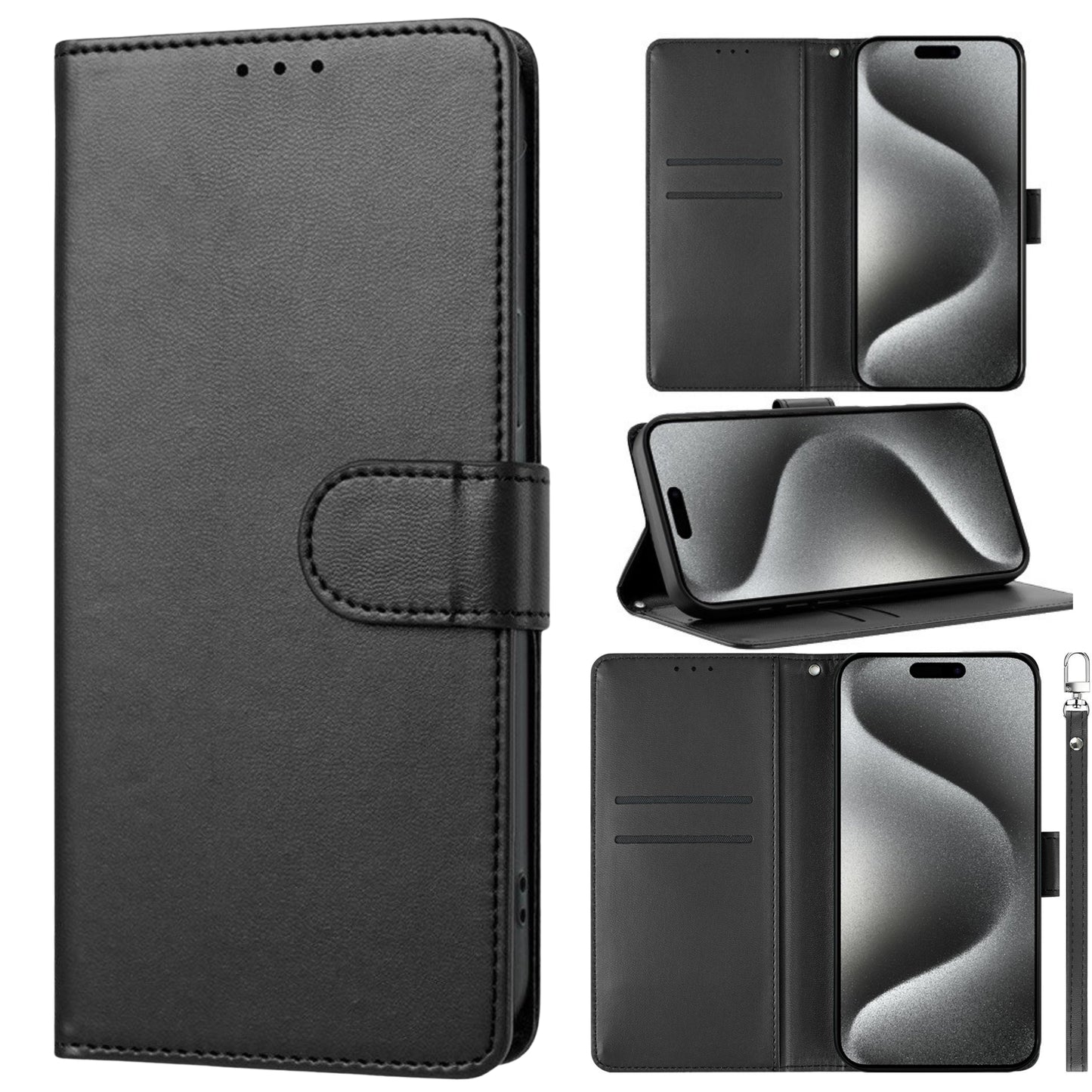Phone Case for Google Pixel 10A Leather Wallet Folio Credit Card Holder with Magnetic Closure Wrist Strap Classic Flip Design Storage Slots Cover Black