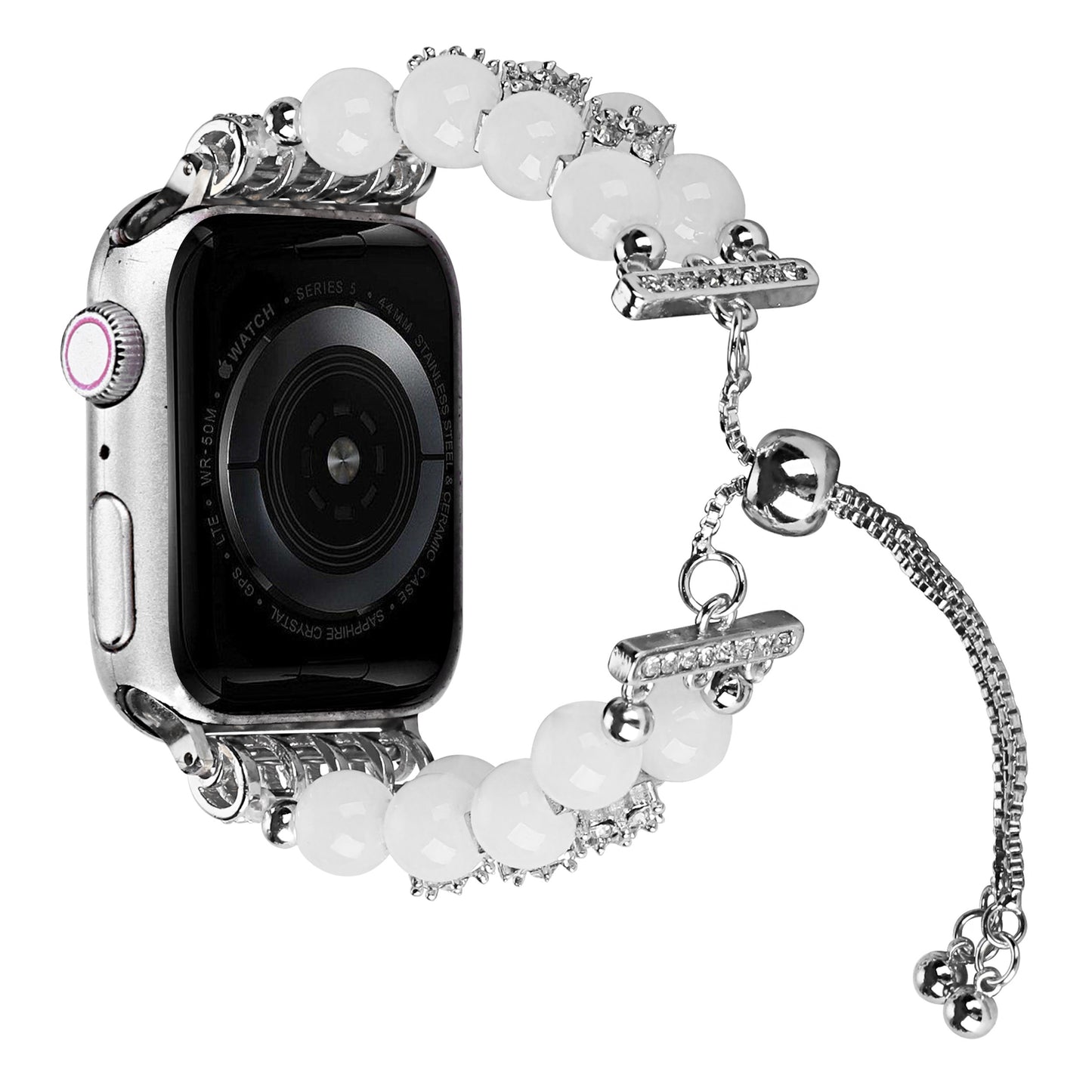Watch Band for Apple Watch 42/44/45/46mm & Ultra 49mm, Series 4-10 & SE Pearls Fashion Bling Strand Metal Adjustable replacment Bracelet Style with Secure Attachment