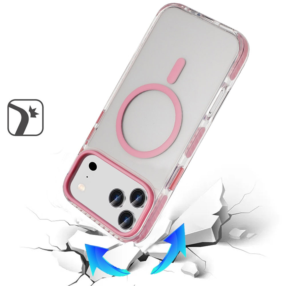 For Apple iPhone 17 Pro Max Transparent Hybrid with Color-Matched Magnetic Circle, Rubber TPU Frame Hard PC Shockproof Case Cover Pink