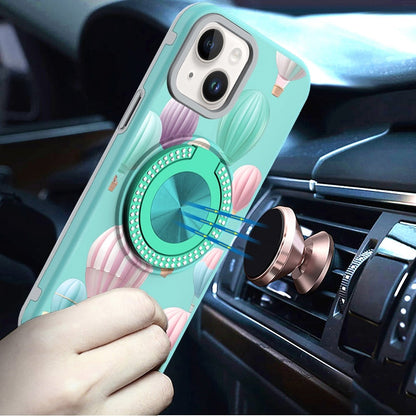 For iPhone 14/13 (6.1") Pattern Design Hybrid with Invisible Ring Stand & Magnetic Back, Shockproof Protective Grip Case Cover