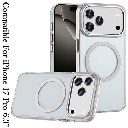 For Apple iPhone 17 Pro (6.3") Transparent Back Hybrid Case - Magnetic Circle, Color Frame, Metal Buttons, MagSafe Compatible Case Cover