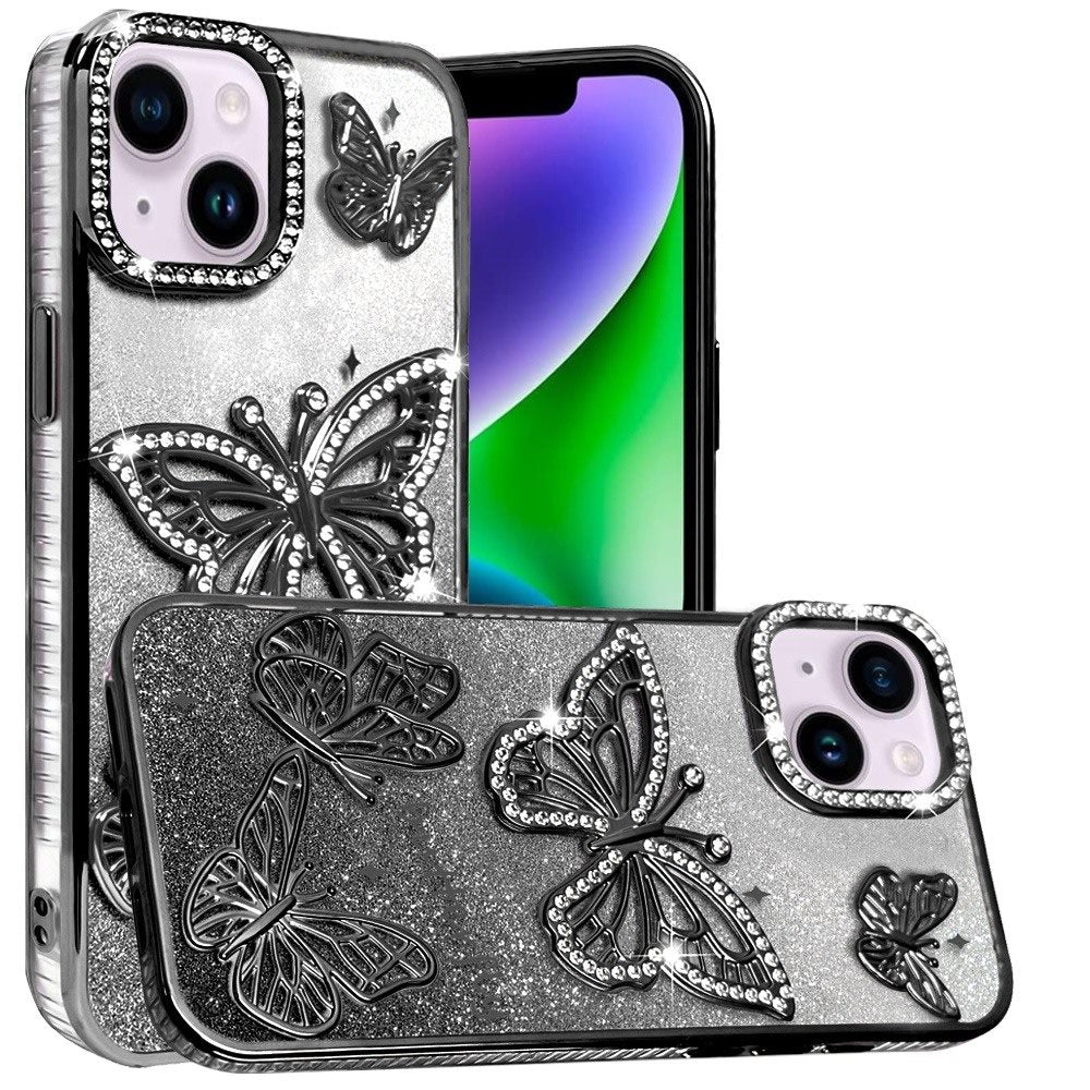 For Apple iPhone 15 Luxury Butterfly Sparkle Glitter Diamond Crystal Rhinestone Shimmer Bling Plating Thick TPU Hard PC Case Cover