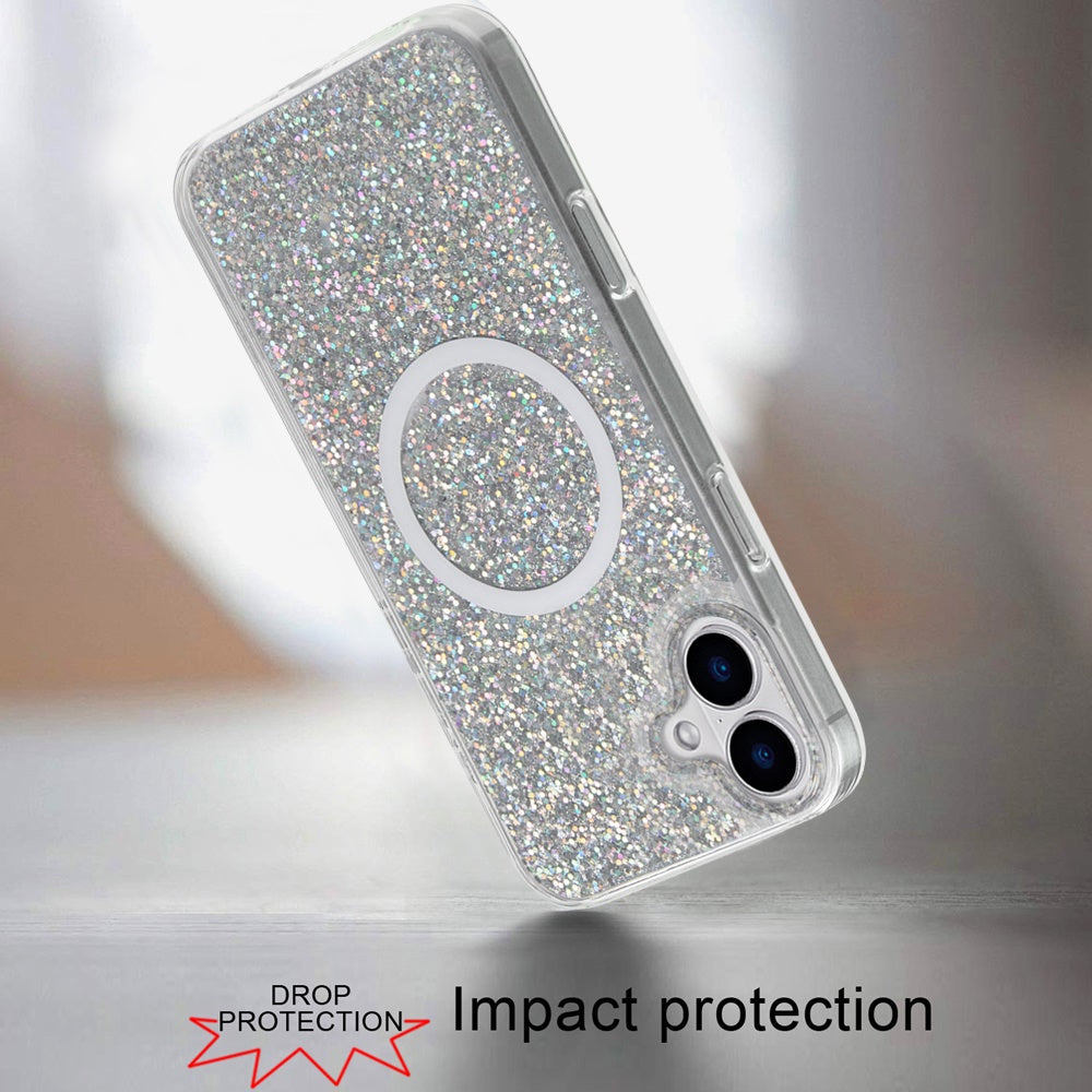 For Apple iPhone 16 (6.1") Premium Transparent Epoxy Glitter Bling Magnetic Circle Compatible with MagSafe Hybrid Sparkle Slim TPU Case Cover