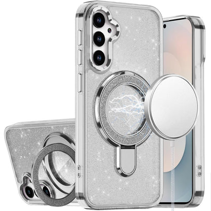 For Samsung Galaxy S25 FE /S25 Fan Edition Transparent Glitter Bling Case with Rotating Magnetic Ring Stand, Shockproof Hybrid Case Cover Light Purple