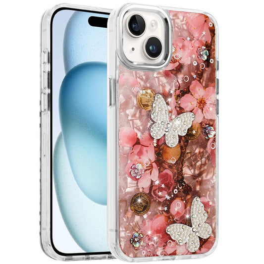 Phone Case for Apple iPhone 15 Glitter Butterfly Design Metal Buttons Shockproof Hybrid TPU + PC Durable Protective Slim Grip Stylish Cover Rose Gold