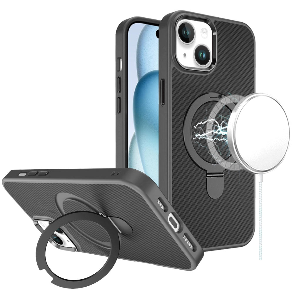 For Apple iPhone 13 Pro Max Hybrid Carbon Fiber Design with MagSafe Compatible [Magnetic Circle], Ring Stand Shockproof Slim TPU Case Cover