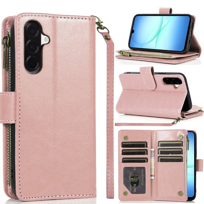 Phone Case for Samsung Galaxy A17 5G Luxury Leather Wallet Card Holder Zipper Pocket Money Storage Protective Grip Design with Strap Cover Pink