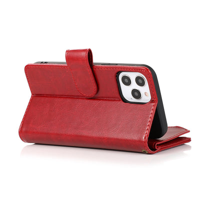For Apple iPhone 16 Pro Max (6.9") Leather Zipper Wallet Case 9 Credit Card Slots Cash Money Pocket Clutch Pouch Stand & Strap Case Cover Red