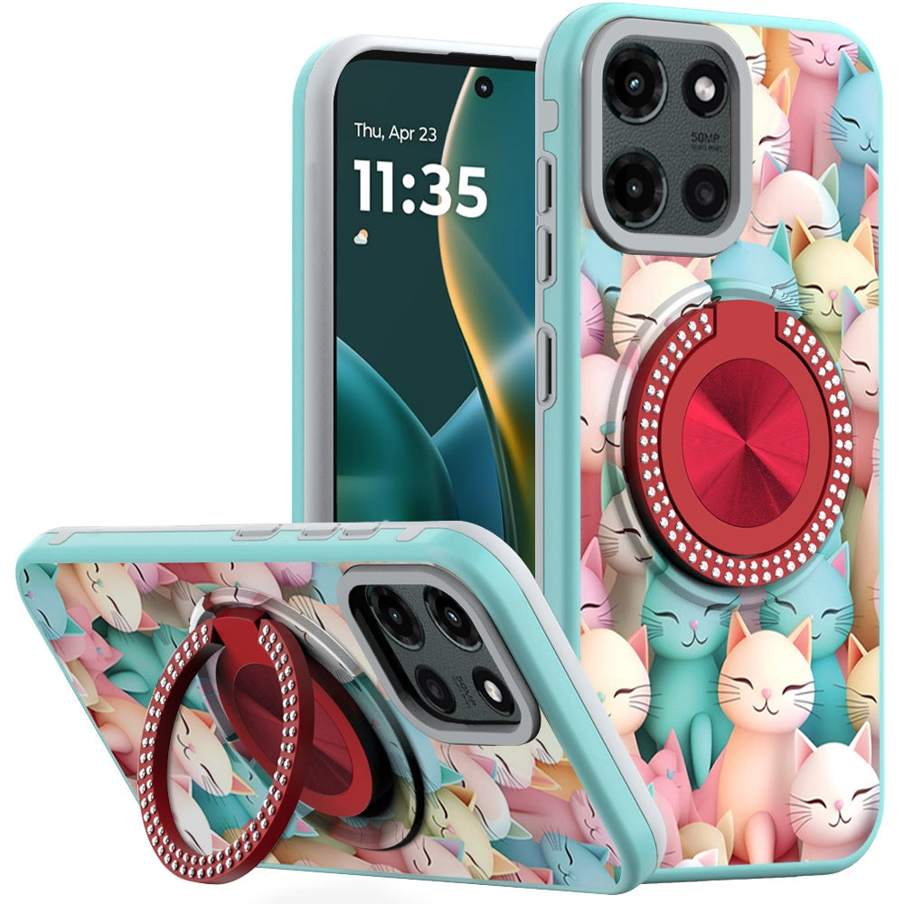 For Motorola Moto G Power 5G 2025 Pattern Design Hybrid with Invisible Ring Stand & Magnetic Back, Shockproof Protective Grip Case Cover