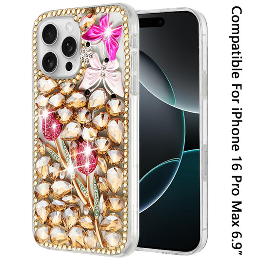 For iPhone 16 Pro Max (6.9") Bling Crystal 3D Full Diamonds Luxury Sparkle Rhinestone Hybrid Case Cover Gold Exquisite Garden