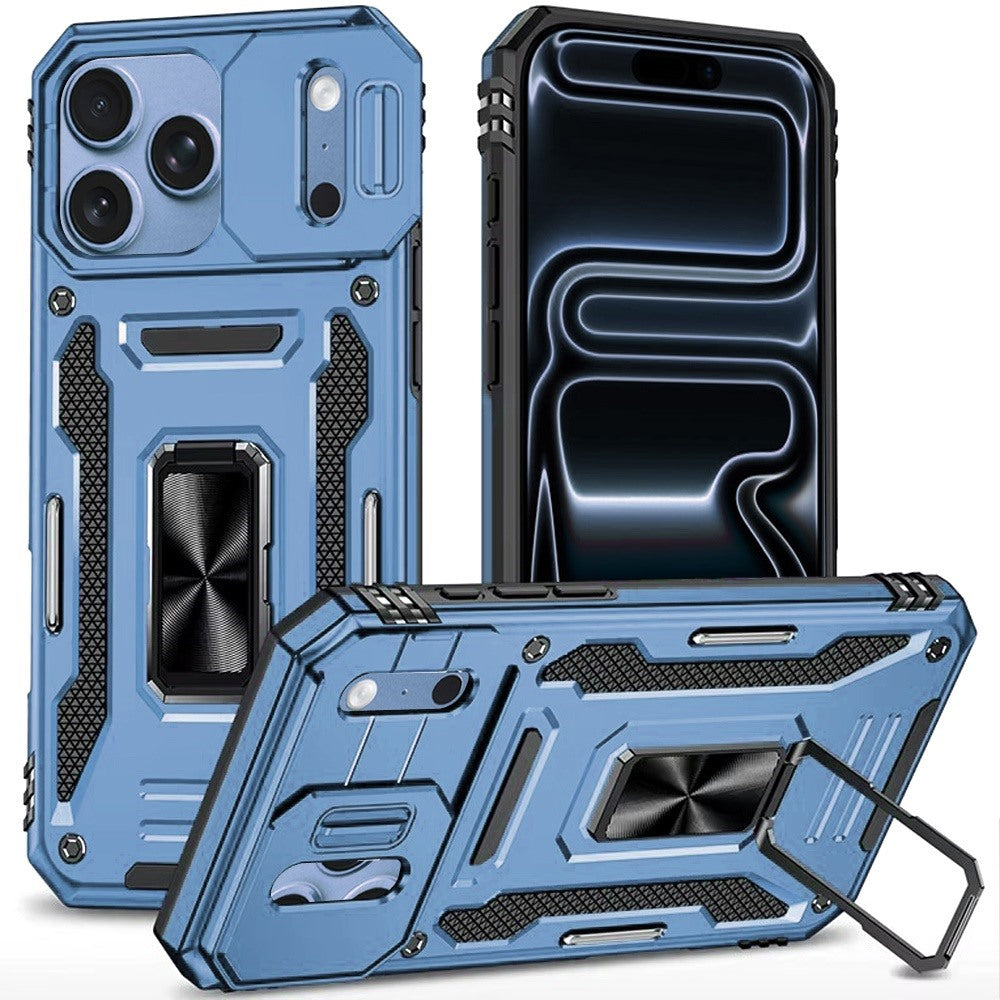 Phone Case for Apple iPhone 18 Pro Max Tough Metal Ring Shockproof Sliding Camera Window Hybrid Armor Rugged Anti Slip Heavy Duty Grip Cover Blue