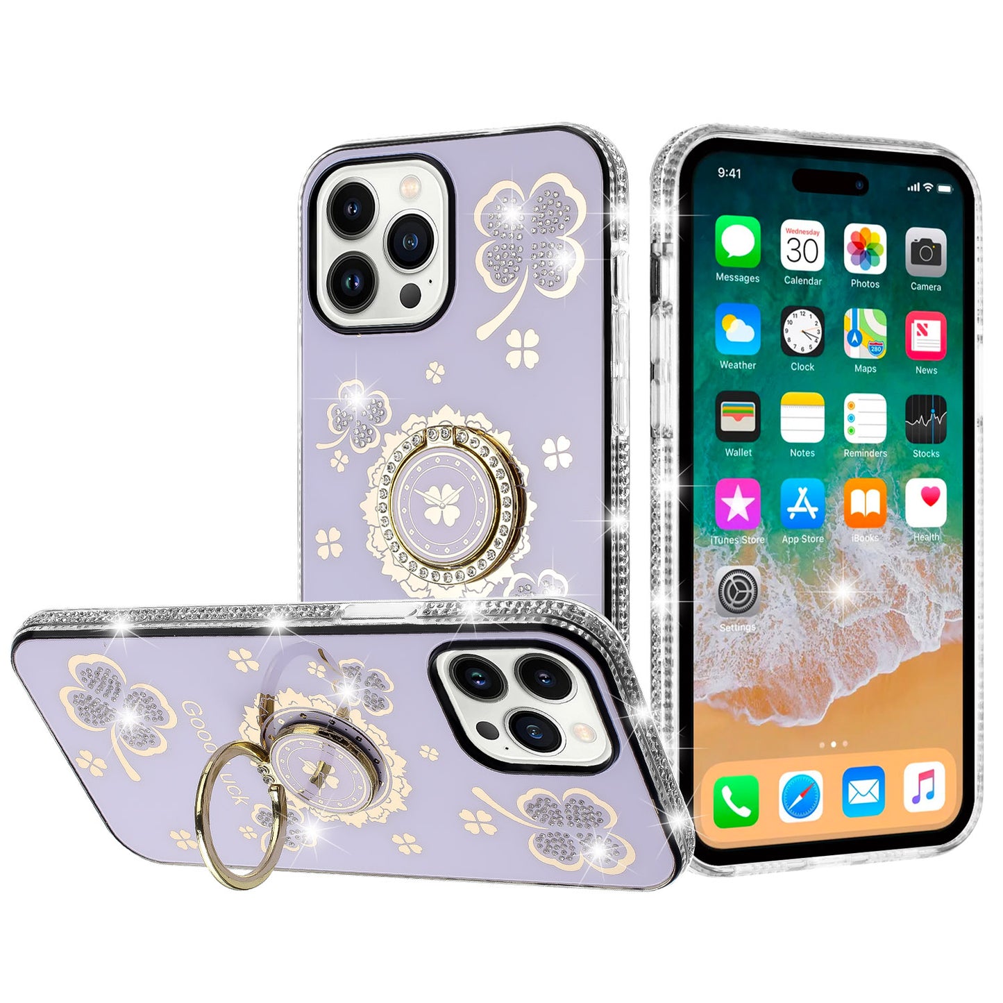 For Samsung Galaxy S25 /S24 Diamonds Bling All Around Edges Sparkly Glitter Hybrid with Ring Stand Holder Fashion Good Luck Case Cover
