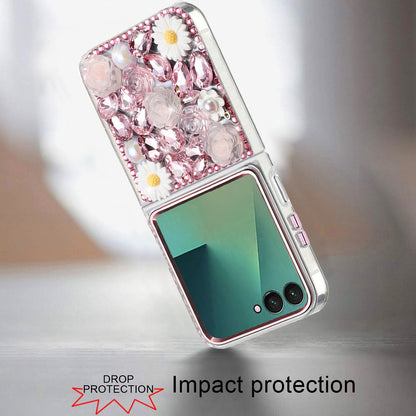 Phone Case for Samsung Galaxy Z Flip 7 Full Bling Rhinestone Glitter Floral Luxury Hybrid Shockproof Stylish Sparkling Protective Designer Ornament Cover Pink