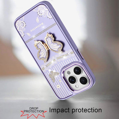 For iPhone 14 Pro Max (6.7") Glitter 3D Butterfly Design Bling Metallic Edge Hybrid Stand Drop Protection TPU Shockproof Case Cover Red