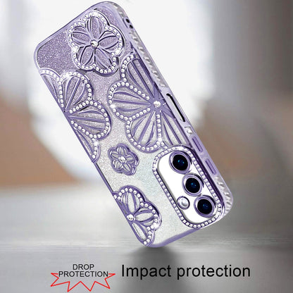 For Samsung Galaxy A17 5G Luxury Flower Design Sparkle Glitter Diamond Rhinestone Shimmer Bling Plating Thick TPU Hard PC Case Cover