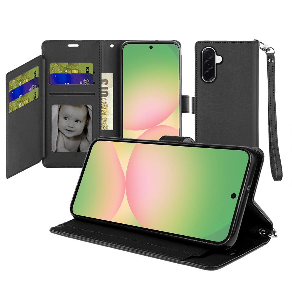 For Samsung Galaxy A57 Wallet Cases PU Leather with Credit Card /ID /Cash Holder Slot Dual Flip Book Pouch, Stand and Strap Case Cover Black