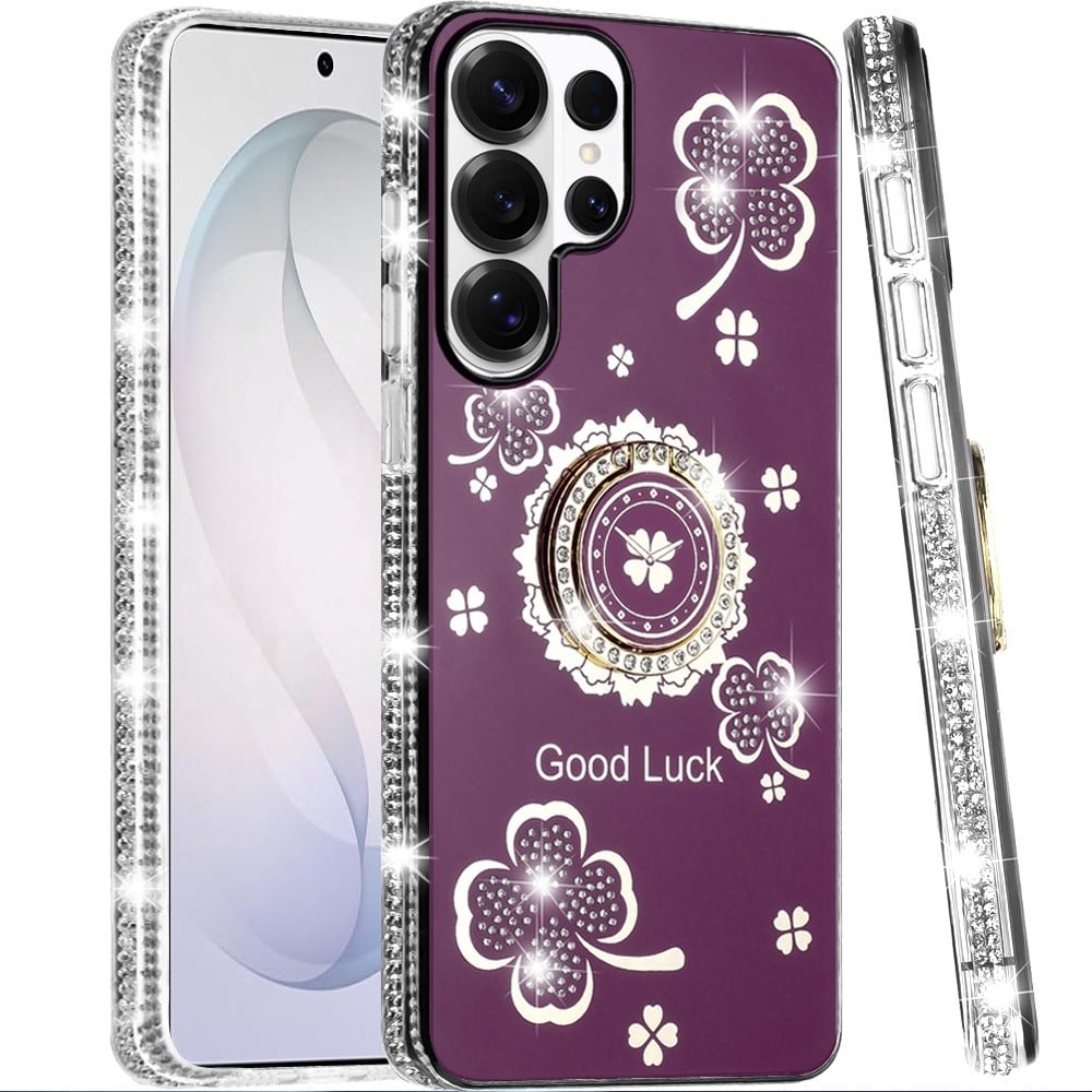 Phone Case for Samsung Galaxy S26 Ultra Glitter Diamond Ring Stand Sparkle Rhinestone Edge AntiSlip Kickstand Luxury Fashion Bumper Shockproof Cover Purple