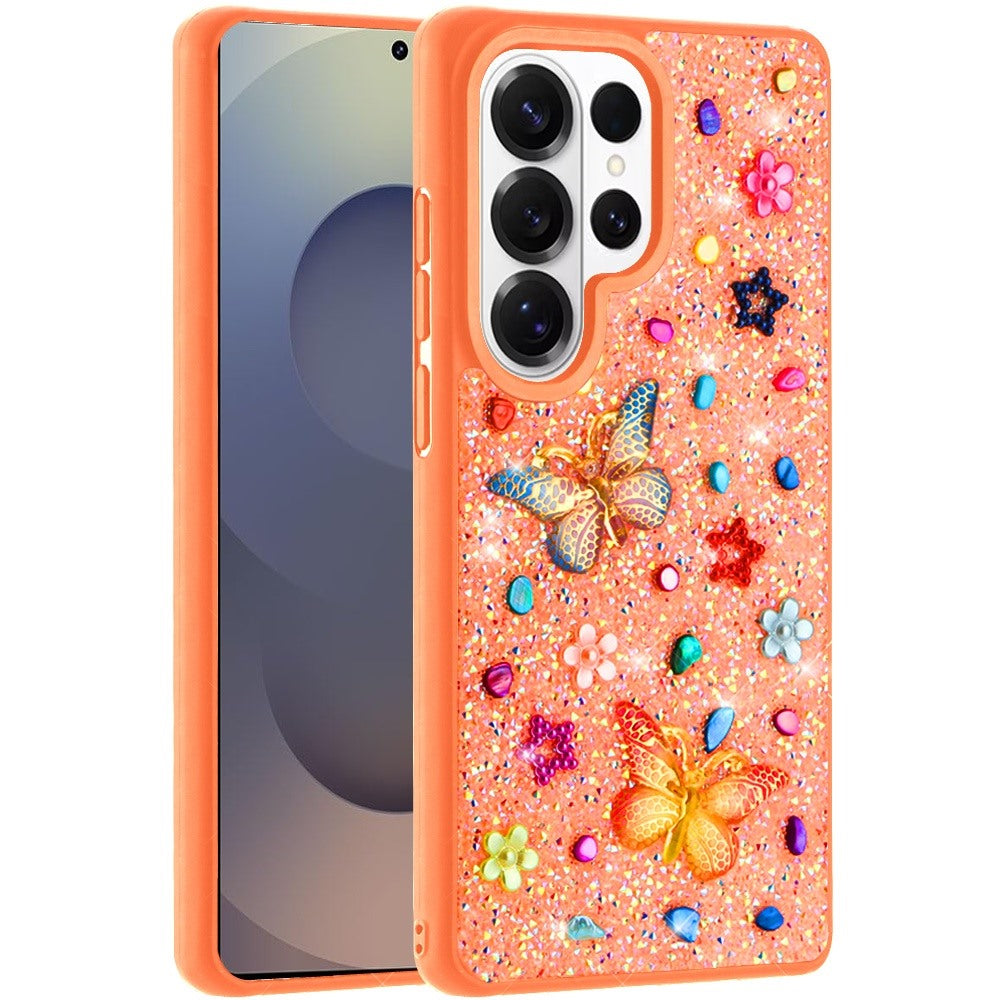 Phone Case for Samsung Galaxy S25 Ultra 3D Butterfly Diamond Bling Glitter Shockproof Stylish Protective Luxury Hybrid Sparkly Durable Grip Design Cover Cosmic Orange