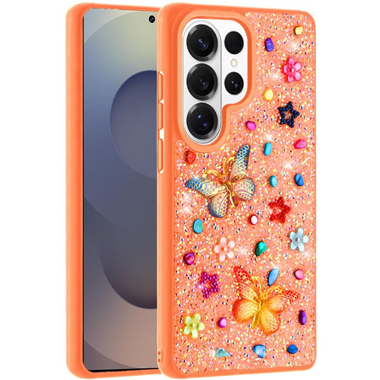 Phone Case for Samsung Galaxy S25 Ultra 3D Butterfly Diamond Bling Glitter Shockproof Stylish Protective Luxury Hybrid Sparkly Durable Grip Design Cover Cosmic Orange