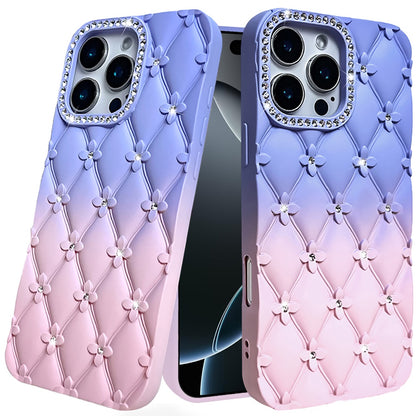 For Apple iPhone 16 Pro Fashion Flower Design Sparkle Glitter Shimmer Rhinestone Bling Floral Accents, Leather Texture TPU Case Cover