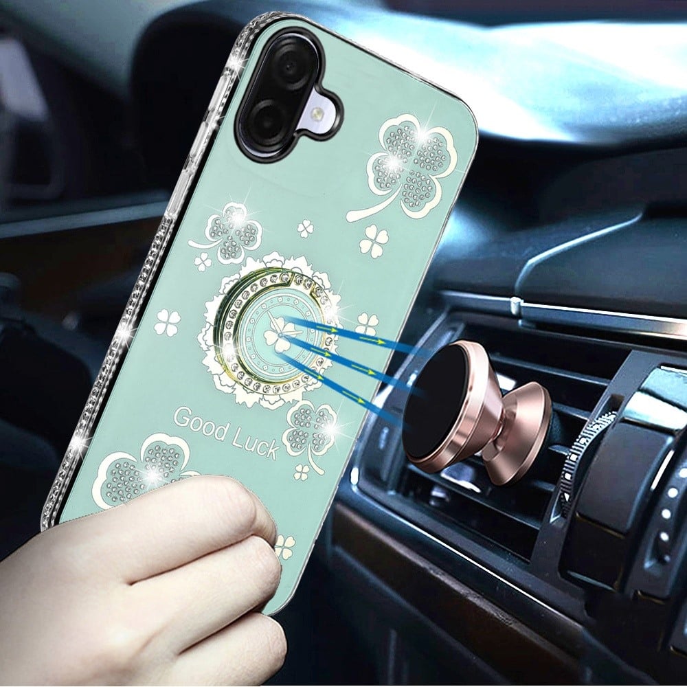 For Samsung Galaxy A07 Diamonds Bling All Around Edges Sparkly Glitter Hybrid with Ring Stand Holder Fashion Good Luck Case Cover