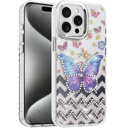 Phone Case for Apple iPhone 15 Pro Max Butterfly Resin Epoxy Diamond Bling Metal Edge Shockproof Hybrid Luxury Protective Durable Stylish Fashion Grip Cover