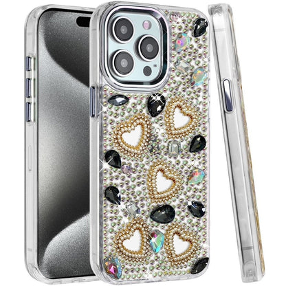 Phone Case for iPhone 15 Pro (6.1") Luxury Crystal Heart Rhinestone Diamond Bling Shockproof Hybrid Glitter Protective Stylish Durable Grip Cover