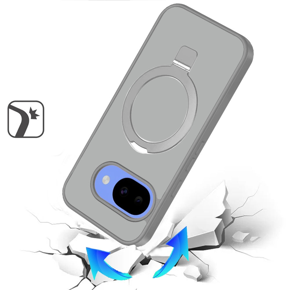 Phone Case for Google Pixel 10A Magnetic Ring Stand Full Rotation Matte Shockproof Grip Anti Slip Durable Camera Protection Hybrid Cover Grey